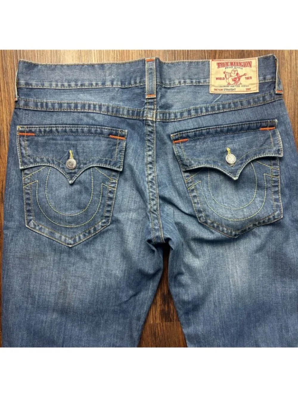 True Religion Straight Jeans Distressed Medium Wash Big T Flap Men’s Size 38